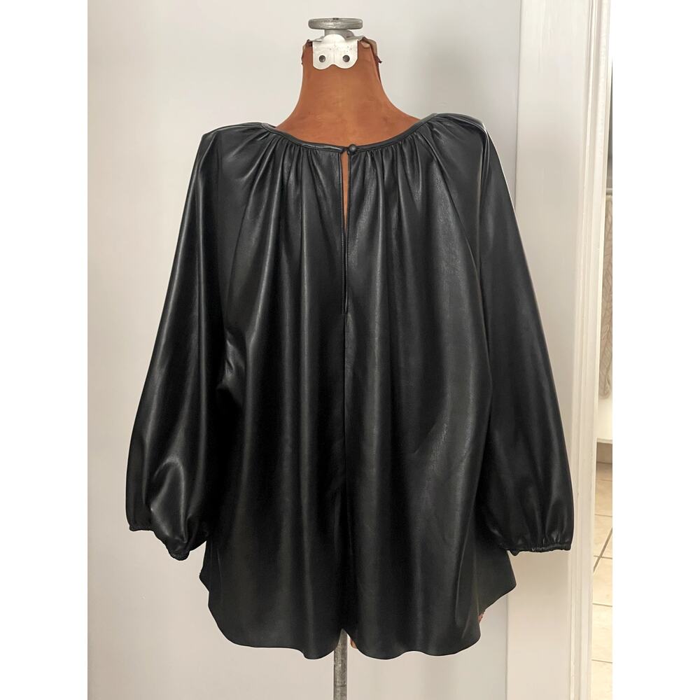Aritzia Wilfred Sz M Bica Blouse Top Black Faux Leather Edgy Peasant Boho - Picture 4 of 15